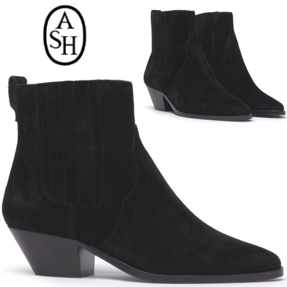 ASH Future Africa Black Suede Ankle Boots Block Heel Cowboy Western Booties 37 - Picture 1 of 9